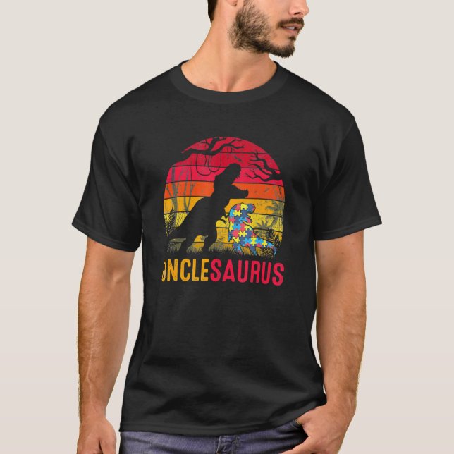 Onkel Saurus Rex Autismus-Bewusstsein Lustiger Din T-Shirt (Vorderseite)