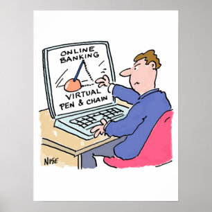 Online Banking Spaß Funny Bank Customer Cartoon Poster