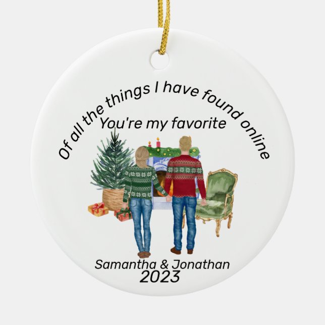 Online Dating Couple Blonde Newlyweds Keramik Ornament (Vorne)