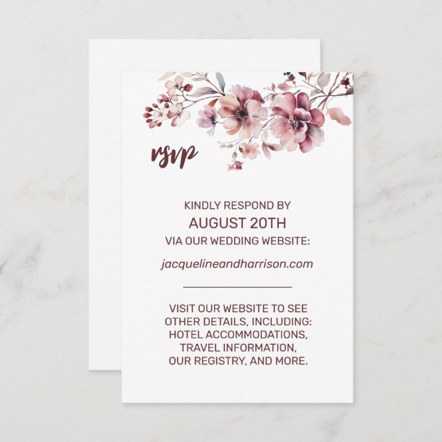 Online Hochzeit mit Burgund & Blush Floral Waterco RSVP Karte (Vorne/Hinten)