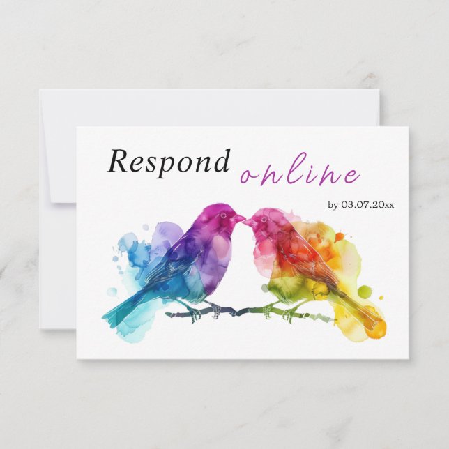 Online LGBTQ+ Rainbow Lovebirds RSVP Karte (Vorderseite)