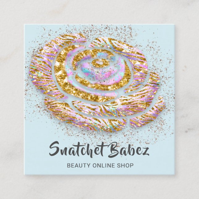 Online Shop Beautique Holograph Blue QR Code Logo Quadratische Visitenkarte (Vorderseite)