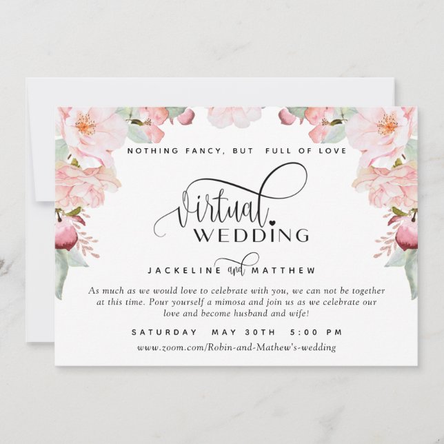 Online Virtual Wedding, Blush Pink Floral Save The Date (Vorderseite)