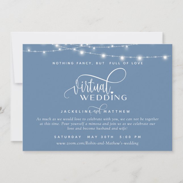 Online Virtual Wedding Dusty Blue, String Lights Save The Date (Vorderseite)