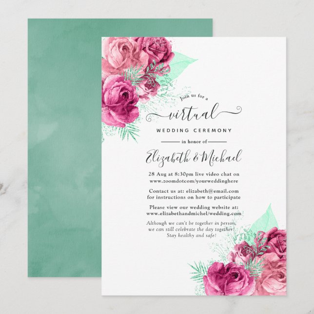 Online Virtual Wedding in Pink und Mint Floral Einladung (Vorne/Hinten)