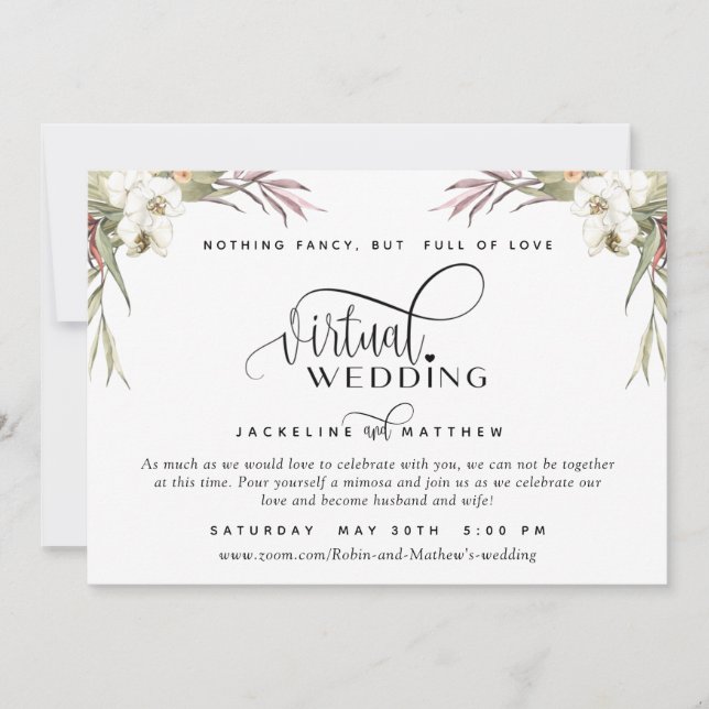 Online Virtual Wedding Tropical Palm Blätter flora Save The Date (Vorderseite)