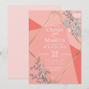 OnTrend Hochzeit Korallen Blumen Geometrisch Gold  Einladung