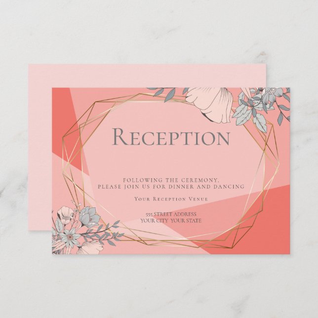 OnTrend Wedding Reception Coral Floral Gold Rahmen Einladung (Vorne/Hinten)
