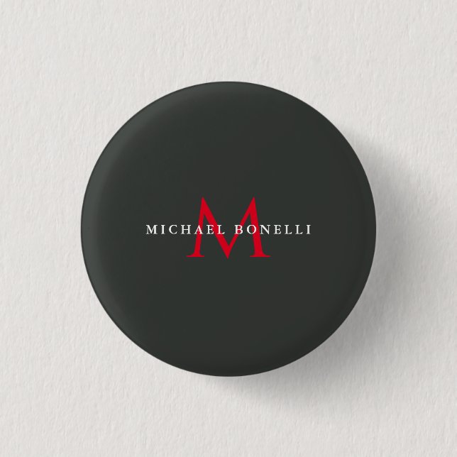 Onyx Black Red Monogram Modern Minimalistisch Button (Vorderseite)