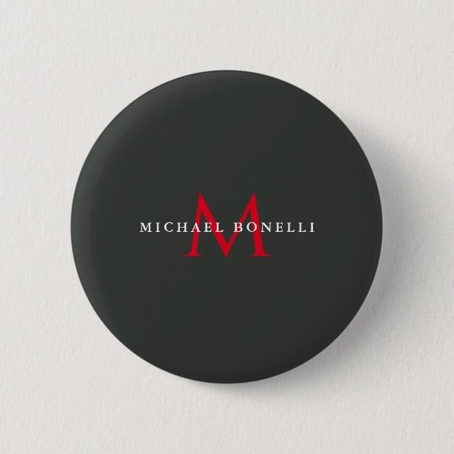 Onyx Black Red Monogram Modern Minimalistisch Button (Vorderseite)
