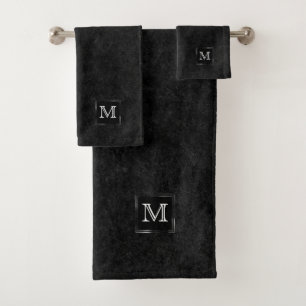 Onyx Black Velvet   Chalkboard Grunge Monogram Badhandtuch Set