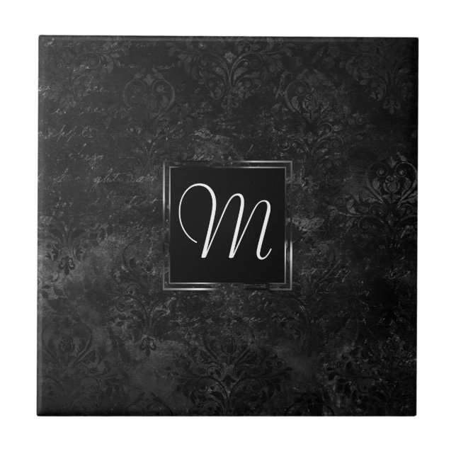 Onyx Black Velvet | Chalkboard Grunge Monogram Fliese (Vorderseite)