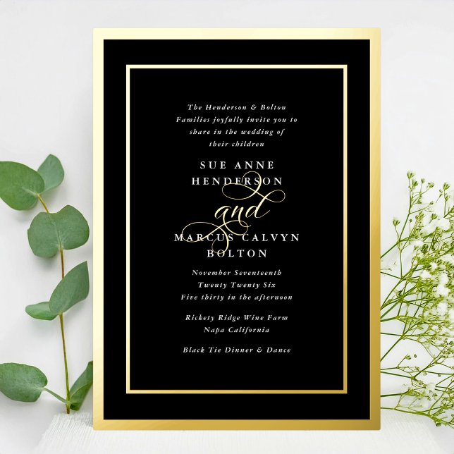 Onyx Formal Calligraphy Golden Frames Wedding Folieneinladung (Von Creator hochgeladen)