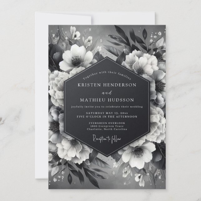 Onyx Luminous Flora Hochzeit Einladung (Vorderseite)