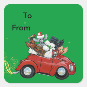 Oodles Poodles rotes Auto Weihnachts-Tags Aufklebe Quadratischer Aufkleber