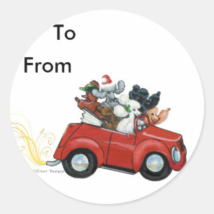 Oodles Poodles rotes Auto Weihnachts-Tags Aufklebe Runder Aufkleber