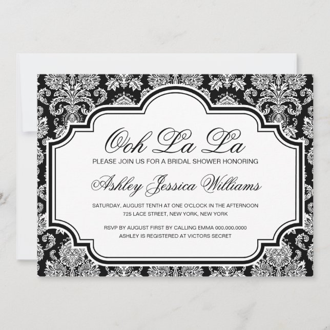Ooh La Black and White Damask Brautparty Inv. Einladung (Vorderseite)