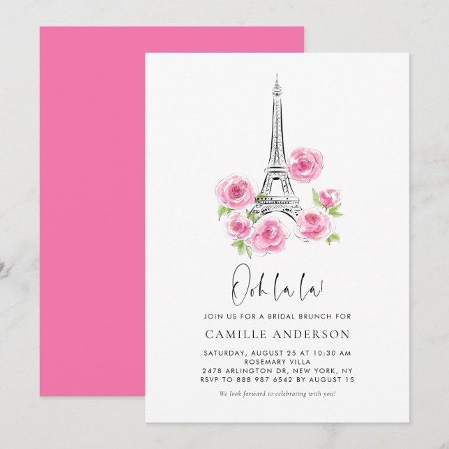 Ooh la Eiffel Tower Pink Bridal Brunch Einladung (Vorne/Hinten)