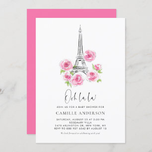 Ooh la Eiffel Tower Pink Floral Baby Dusche Einladung