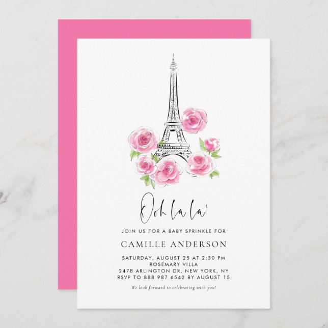 Ooh la Eiffel Tower Pink Floral Baby Sprinkle Einladung (Vorne/Hinten)