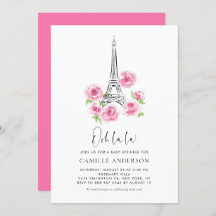 Ooh la Eiffel Tower Pink Floral Baby Sprinkle Einladung