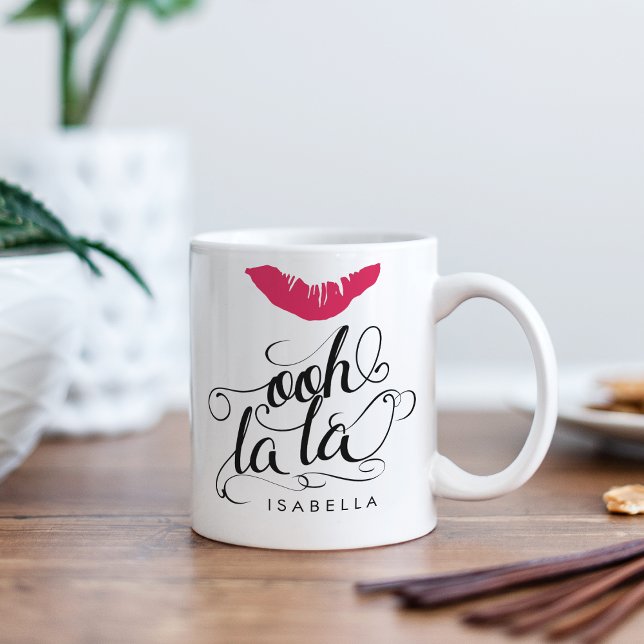 Ooh La Hot Pink Lip Print Typografy Kaffeetasse (Von Creator hochgeladen)