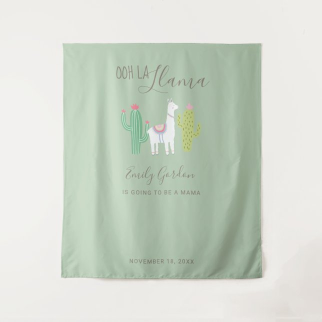 Ooh La Llama Babydusche Grüner Hintergrund Niedlic Wandteppich (Vorderseite)