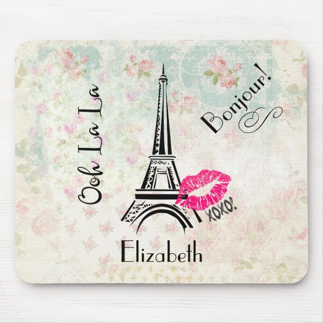 Ooh La Paris Eiffelturm auf Vintagem Muster Mousepad (Vorne)
