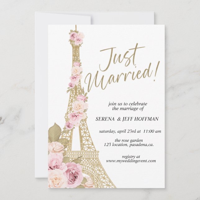 Ooh La, Paris theme, Just Married, Eiffelturm Einladung (Vorderseite)