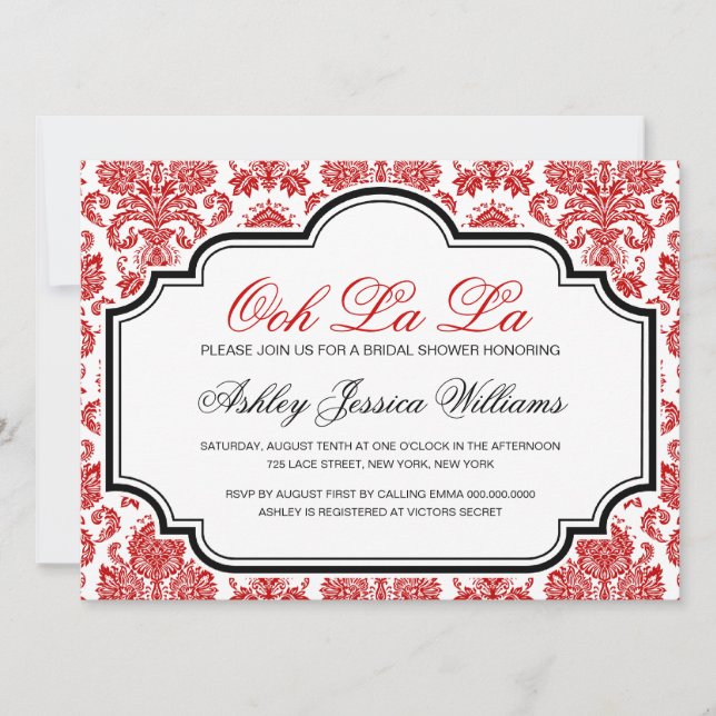 Ooh La Red Damask Bridal Einladungen (Vorderseite)