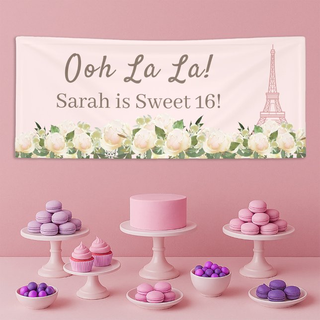 Ooh La Sweet 16 Eiffelturm Rosa Weiße Blüte Banner (Blush pink Ooh La La Paris/Eiffel Tower Sweet 16 birthday party banner)