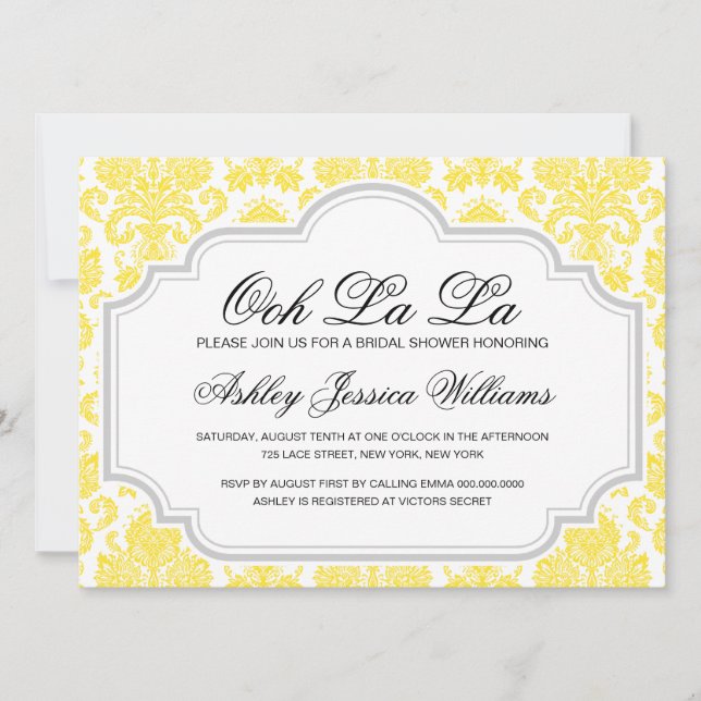 Ooh La Yellow Damask Bridal Dusche Einladungen (Vorderseite)
