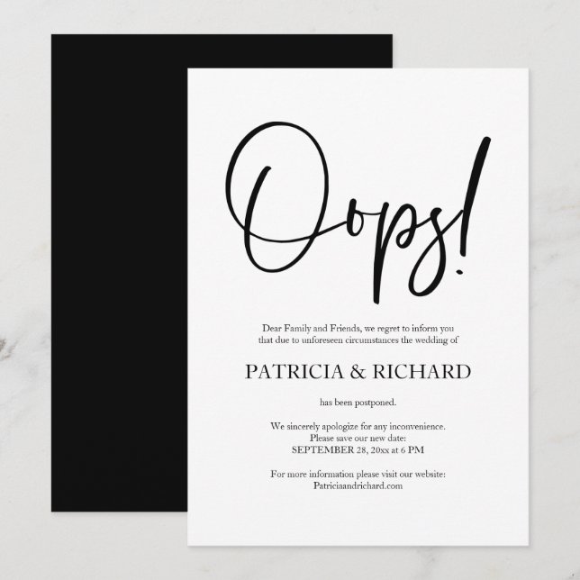 Oops Simple Chic Hochzeit verzögert Ankündigung (Vorne/Hinten)