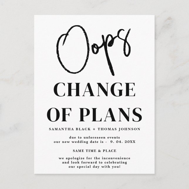 Oops verschoben Hochzeit Datum Ankündigung Postkar (Vorderseite)