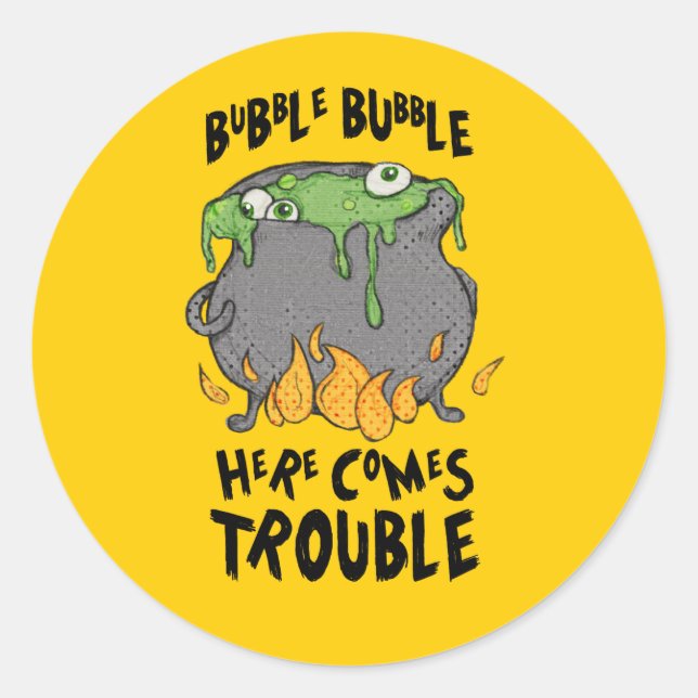 Oozy Cauldron Hier kommt Trouble Halloween Sticker (Vorderseite)