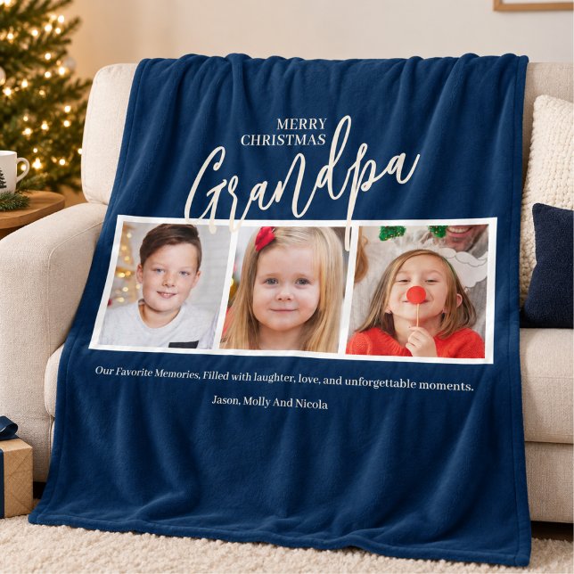 Opa 3 Foto-Collage Opa Weihnachtsgeschenk Fleecedecke (christmas grandpa we love you grandpa photo collage typography modern grandchildren keepsake simple )