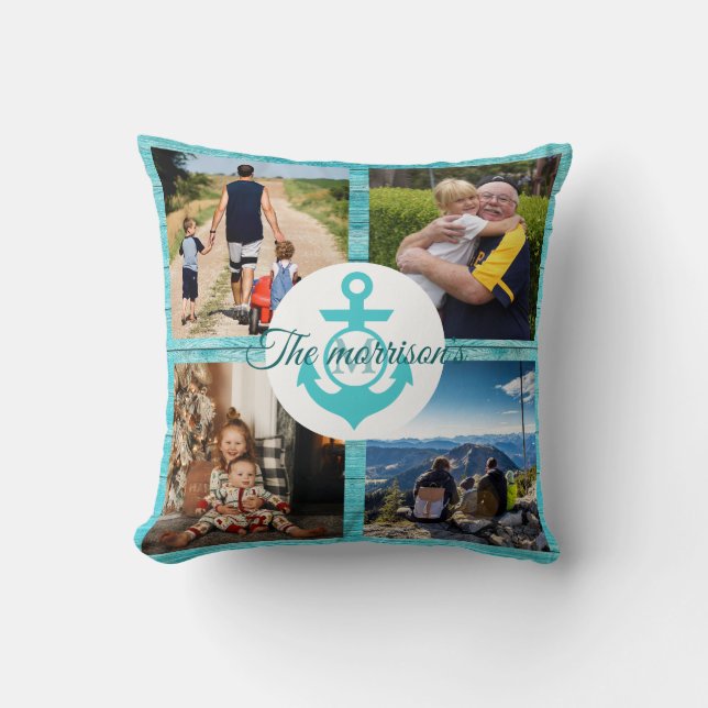 Opa Custom Foto Collage Blauer rustikaler Anker Kissen (Vorderseite)