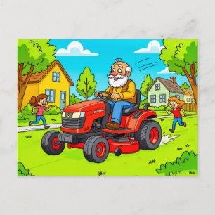 Opa mäht den Rasen mit einem Aufsitz-Traktor Feiertagspostkarte