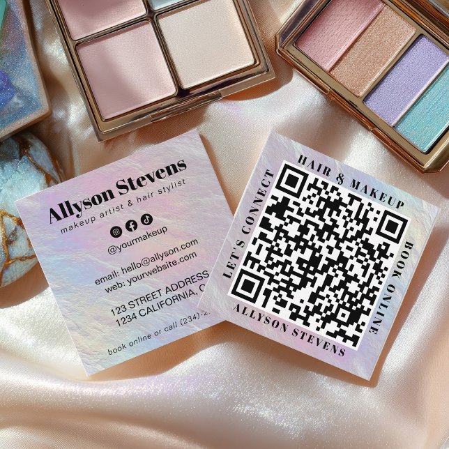 Opalescent Pearl QR Code Hair Makeup Artist Quadratische Visitenkarte (Opalescent Pearl QR Code Hair Makeup Artist Square Business Card)