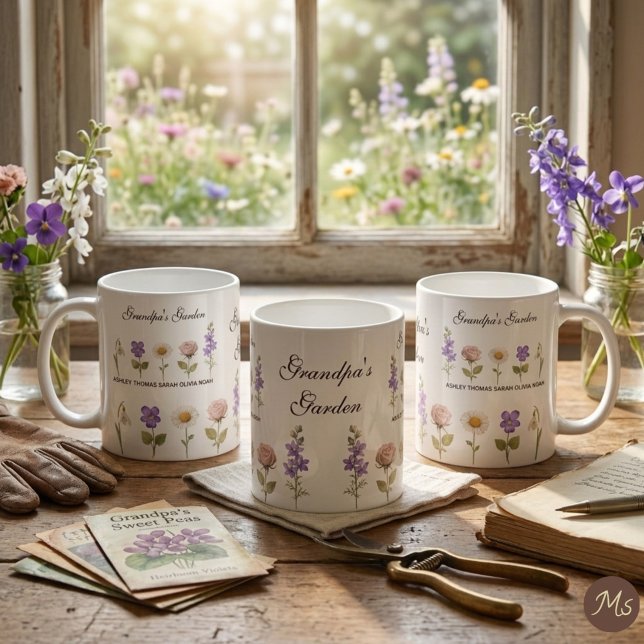Opa's Blumengarten mit 5 Namen & Blumen Kaffeetasse (Von Creator hochgeladen)