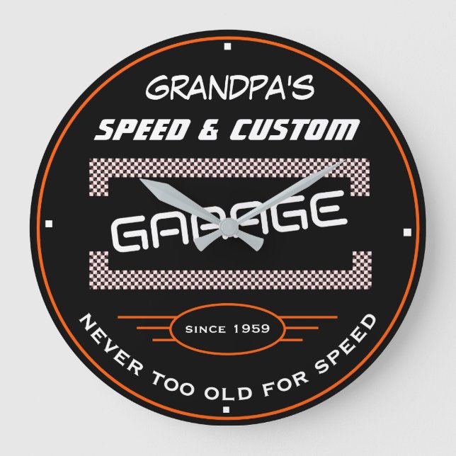 Opa's Speed und Custom Garage Funny Old Slogan Große Wanduhr (Vorderseite)