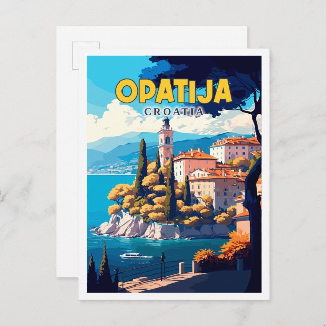 Opatija Croatia Vintage Illustration Postkarte (Vorne/Hinten)