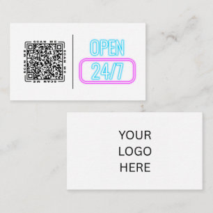 Open 24/7 Neon Anpassbarer QR-Code und Logo Visitenkarte