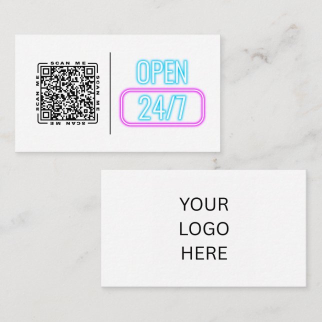 Open 24/7 Neon | Anpassbarer QR-Code und Logo  Visitenkarte (Vorne/Hinten)