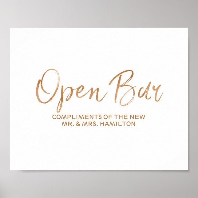 Open Bar 8x10 Stilvolle Rose Gold Wedding Sign Poster (Vorne)