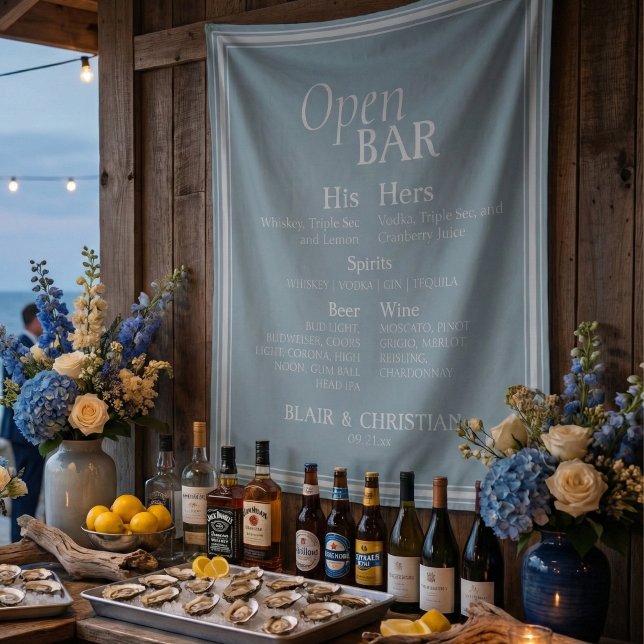 Open Bar and Signature Drink Coastal Blue Wedding  Wandteppich (Give your open bar and added touch of elegance with this Open Bar and Signature Drink Tapestry!)