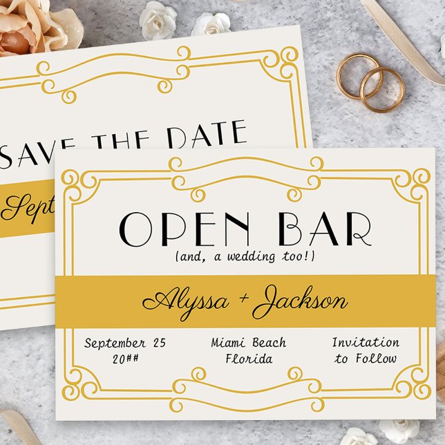 Open Bar Art Deco Ocker Gelb und Grau Save The Date (Vintage Yellow Wedding Save the Date Card)