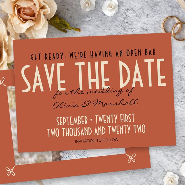 Open Bar Art Deco Orange Foto Save The Date (Vintage Orange Wedding Save the Date Card with photo)