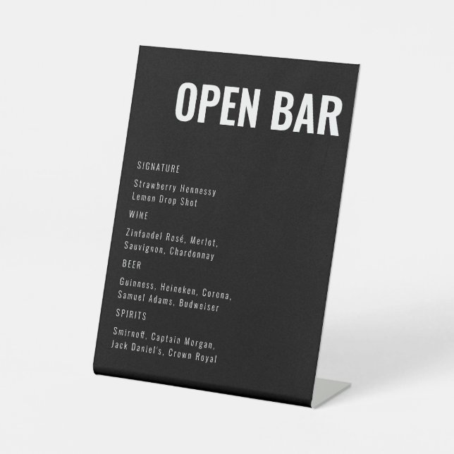 Open Bar Black Modernes Bar Sign Minimalistisch Sockelschild (Vorderseite)