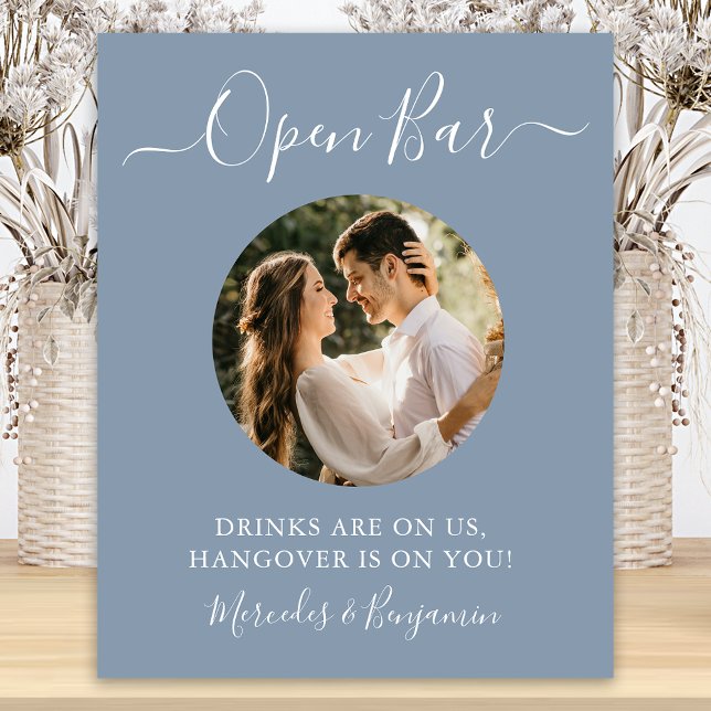 Open Bar Custom Foto Dusty Blue Wedding Drinks Poster (Von Creator hochgeladen)